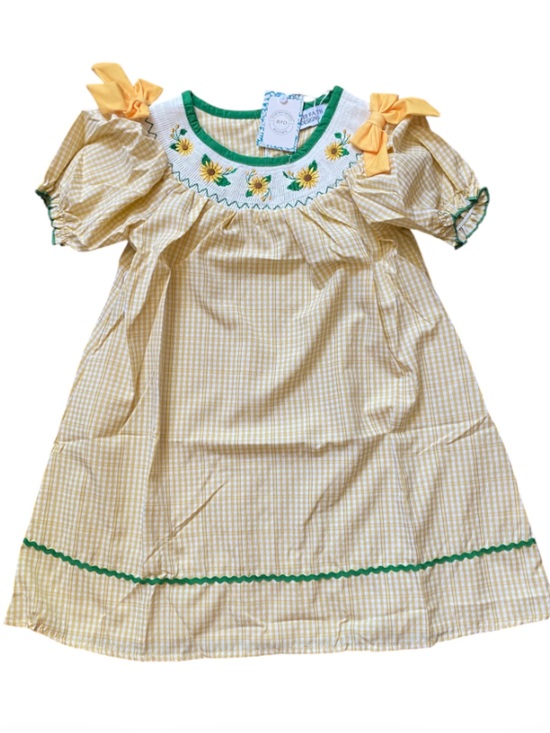 Rylee Faith Design Other - Rylee Faith Designs Yellow Gingham Sunflower Smocked Dress Green Trim NWT Sz 5